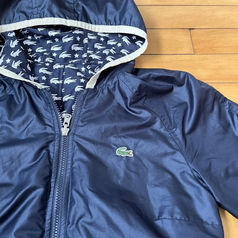 Lacoste Reversible Hooded Windbreaker Jacket Navy Blue Logo Star Print Mens S - Picture 2 of 9